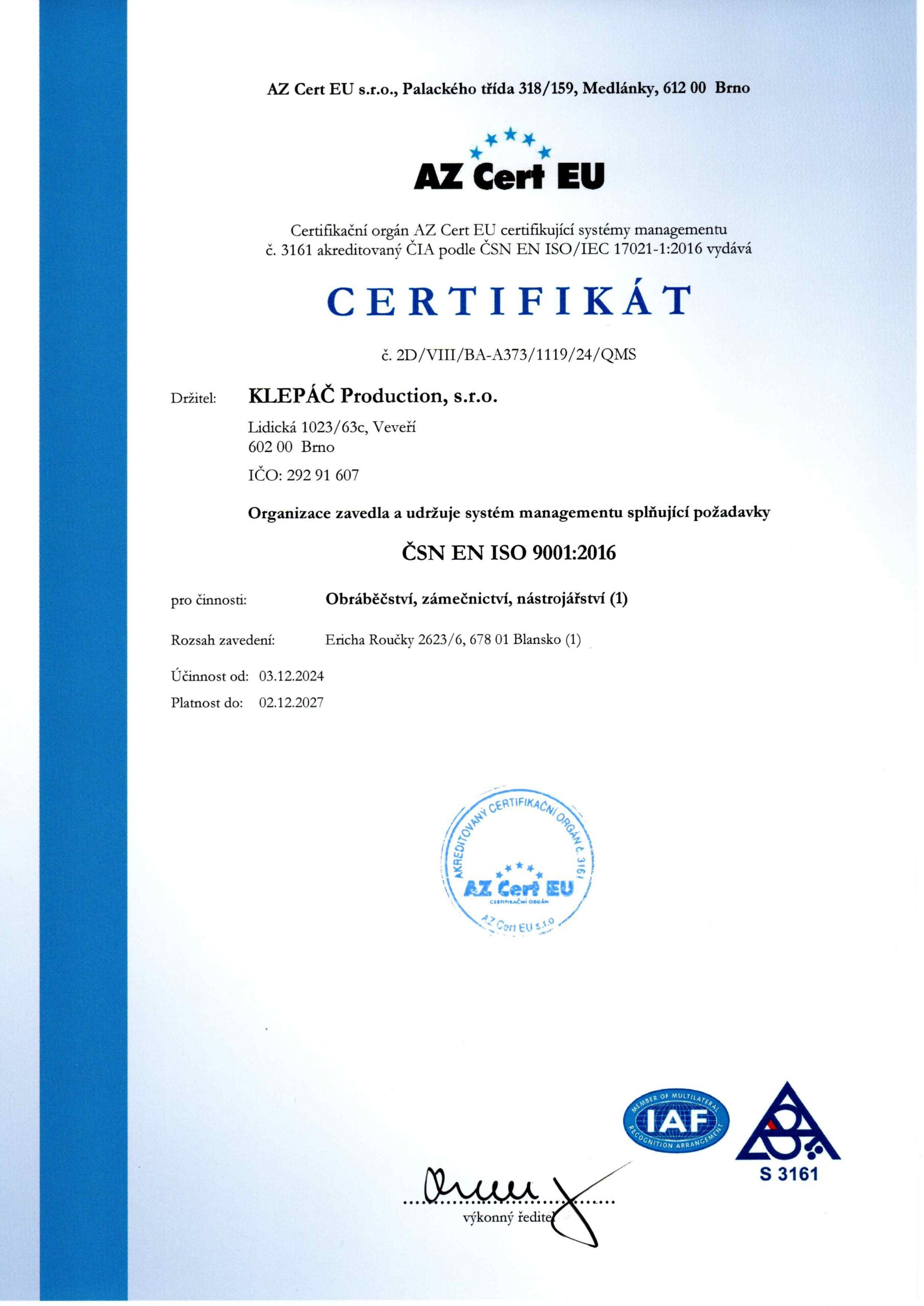 certifikát ISO 9001 Klepáč production