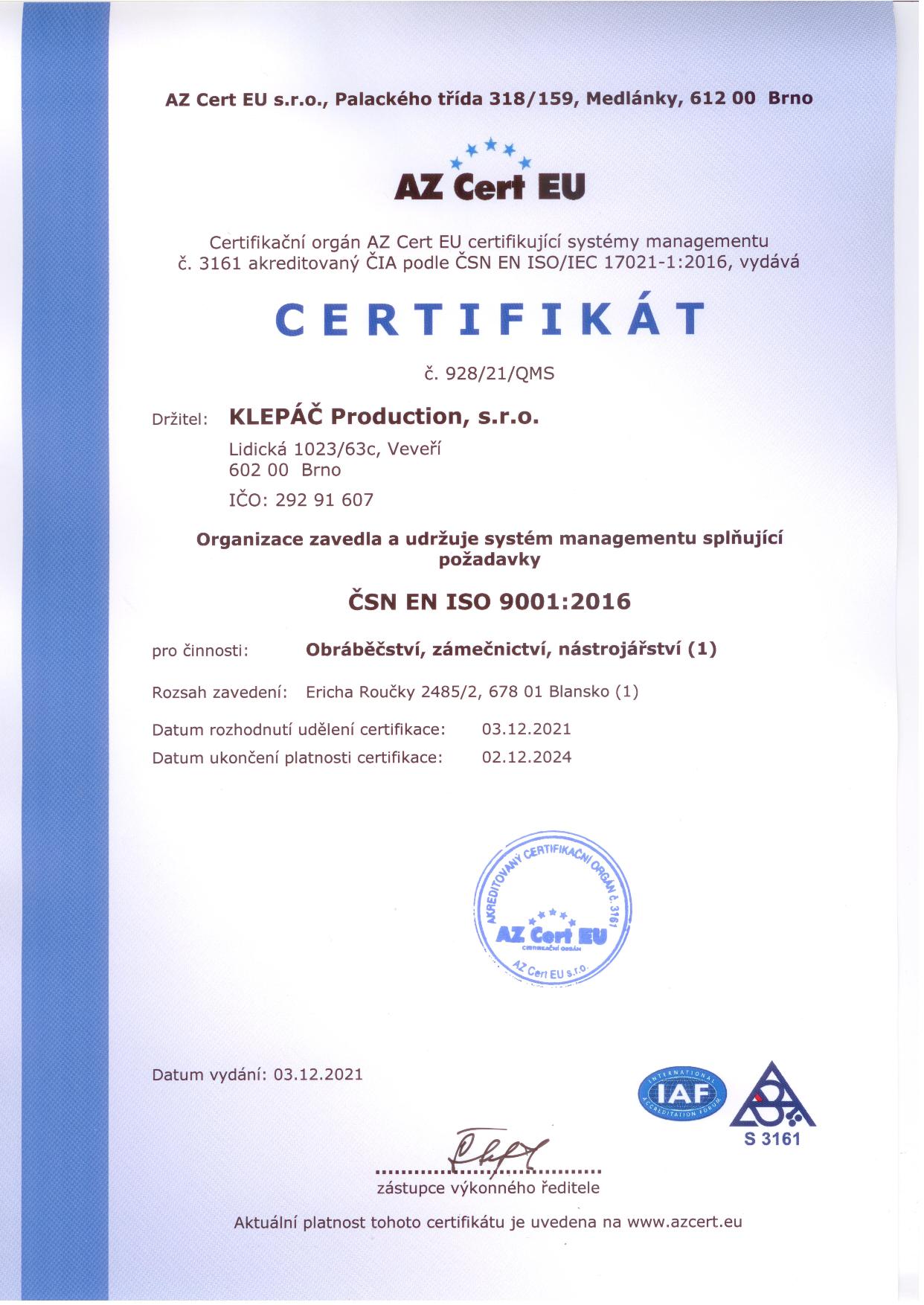 certifikát ISO 9001 Klepáč production